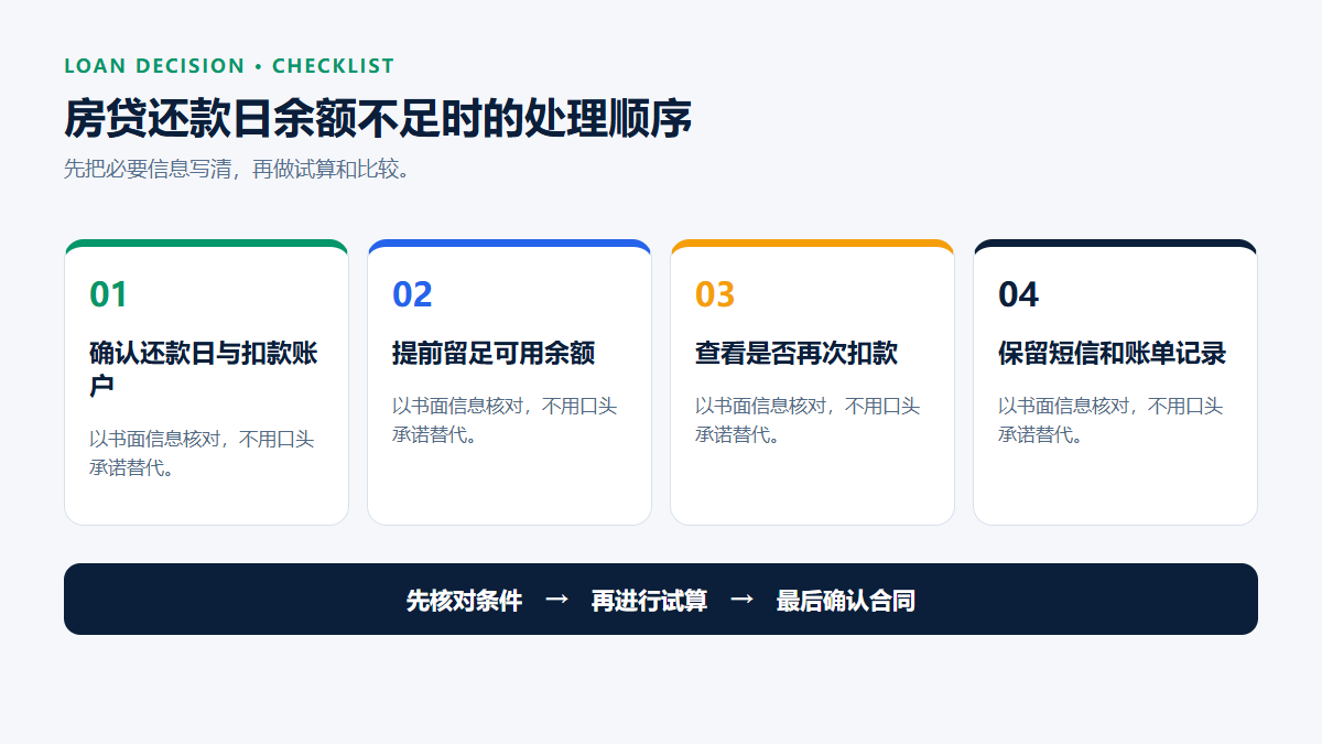 房贷还款日余额不足时的处理顺序：确认还款日与扣款账户、提前留足可用余额、查看是否再次扣款、保留短信和账单记录。
