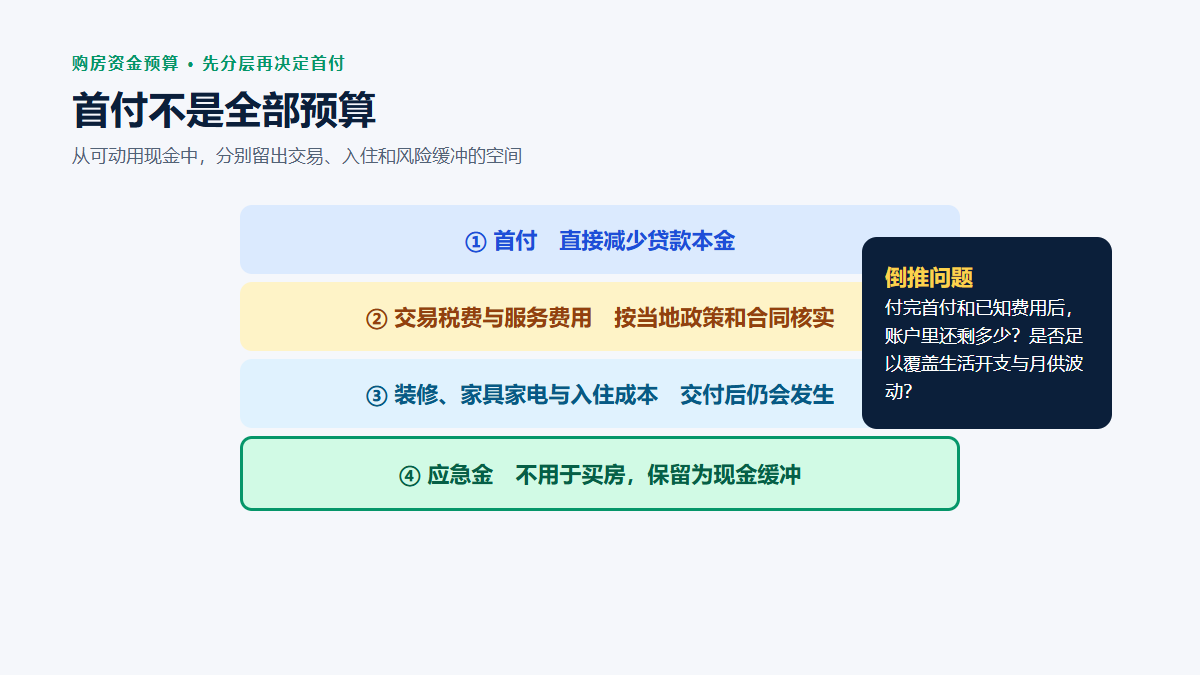 购房资金分层图：总现金预算不能只放首付，还应单列交易税费与服务费用、入住和装修成本，以及不用于买房的应急金。