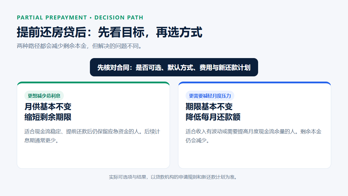 提前还房贷后的选择路径:若目标是减少总利息且现金流稳定,优先评估月供不变、缩短期限;若目标是降低每月压力,评估期限不变、降低月供,并先核对合同规则。
