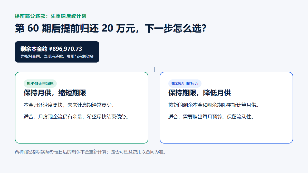 贷款第60期后提前偿还20万元的判断路径：先核对合同和应急资金，再在缩短期限与降低月供之间选择；两种方式都以剩余本金重新计算后续利息。